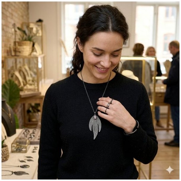 En kvinde i en sort bluse b�rer den m�rke La Vida halsk�de med det trebladede vedh�ng og en m�rkrosa sten i en smykkebutik.