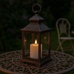 Et lille hvidt udend�rs LED-bloklys med varm flamme placeret i en hyggelig lanterne p� et havebord.