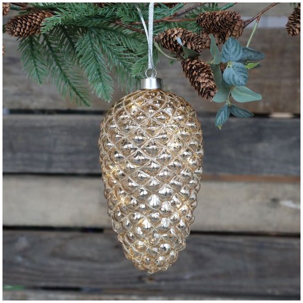 Stor LED kogle i champagnefarvet glas med glimmer til juleoph�ng