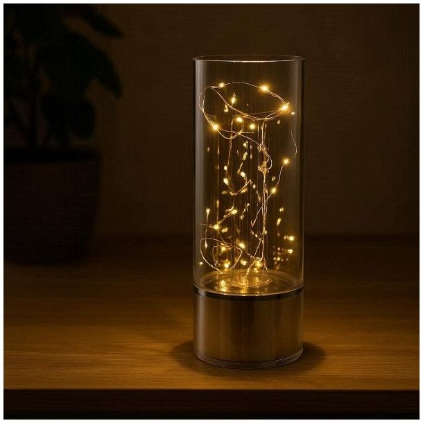 Et stemningsfuldt billede af en t�ndt LED-spejlvase i et m�rkt rum, hvor infinity-lyseffekten kaster et varmt og hyggeligt sk�r over en tr�overflade.