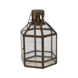 Lille sekskantet lanterne i antikbrunt metal og glas med enkle, lige sider og en rund hank, vist p� en ren hvid baggrund.