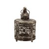 Lille m�nstret metallanterne p� 23 cm i antik brunguld med fint hulm�nster og en rund hank, vist p� hvid baggrund.