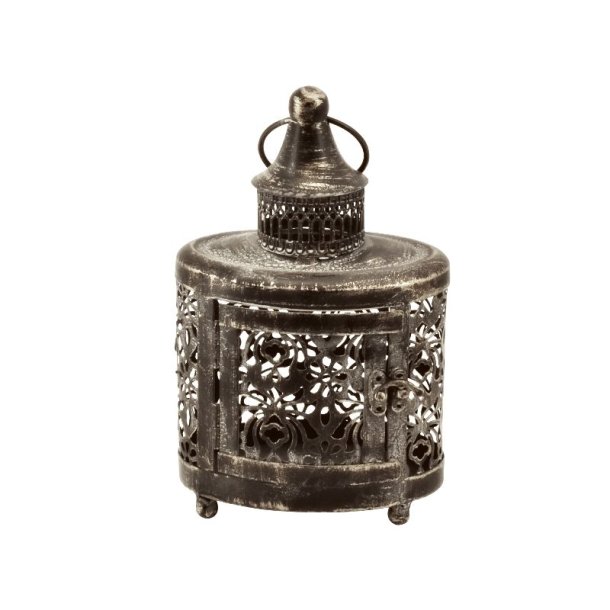 Lille m�nstret metallanterne p� 23 cm i antik brunguld med fint hulm�nster og en rund hank, vist p� hvid baggrund.