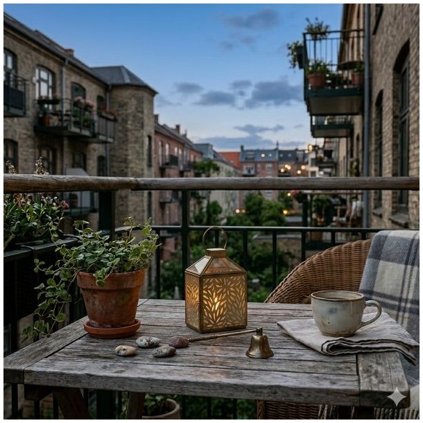 Et stemningsfuldt milj�billede i 1:1 format fra en skumringstime p� en k�benhavnsk altan. Midt p� et rustikt tr�bord st�r den lille messing-lanterne (H17 cm) med det specifikke udsk�rne blomsterm�nster og tr�dh�ndtag, t�ndt og varmt lysende. St�rrelsesforholdet er nu korrekt, og lanternen fremst�r lille og delikat ved siden af den st�rre lerkrukke med gr�nne planter til venstre og kaffekoppen p� den hvide serviet til h�jre. I baggrunden ses en fletstol med et ternet t�ppe og udsigt over g�rdmilj�et under en bl�lig aftenhimmel. De sm� dekorationssten og den lille messingklokke er stadig p� bordet.