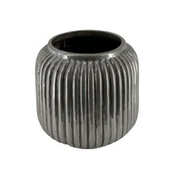 Lille-potte-2111040 Keramikpotte i antik s�lvfinish med vertikale riller, h�jde 17 cm og diameter 17 cm.
