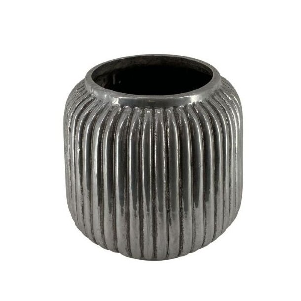 Lille-potte-2111040 Keramikpotte i antik s�lvfinish med vertikale riller, h�jde 17 cm og diameter 17 cm.