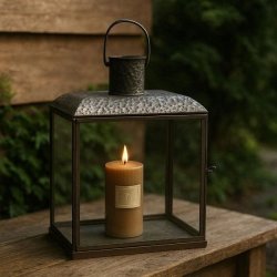 Et kvadratisk n�rbillede (image_175.png), der g�r helt t�t p� den �verste del af den antikke brune Lucca-lanterne. Billedet zoomer ind p� den slitte metalramme, den klare glasrude og den robuste jernhank, der er fastgjort med en ring. Lanternen er fritlagt og fremst�r med en tydelig, ru og rustik tekstur, der inviterer til at r�re ved metallet.