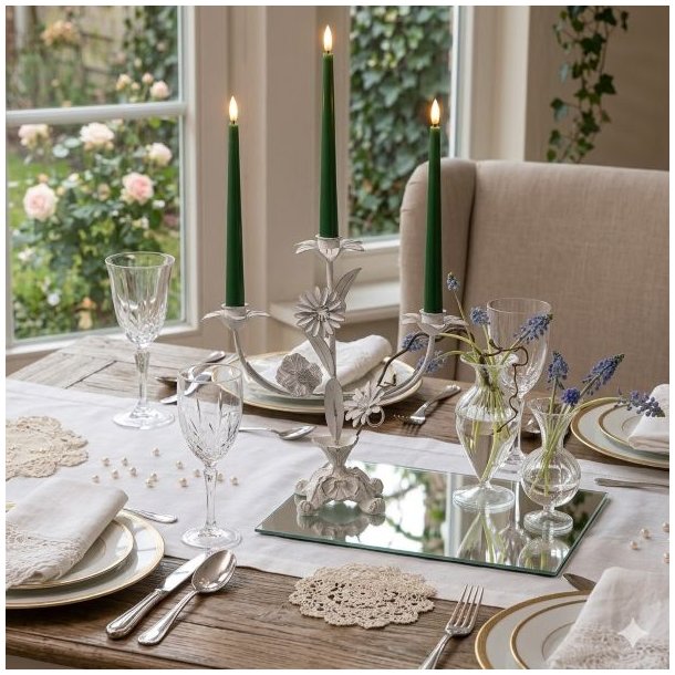 lysestage-fransk-landstil-blomster-milj�-chic-antique Romantisk fransk lysestage med tre m�rkegr�nne stagelys p� en spejlplade midt p� et d�kket bord med krystalglas og sm� vaser med bl� blomster.