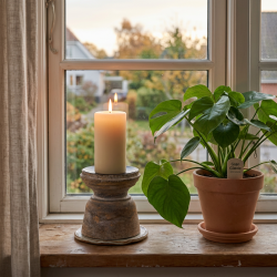 Stemningsfuldt firkantet milj�billede af lysestagen i mangotr� med et hvidt t�ndt bloklys, st�ende i en lys vindueskarm ved siden af en gr�n potteplante.