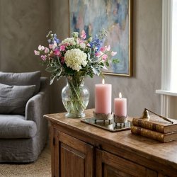 To antik guld lysestager med lyser�de bloklys placeret p� en rustik tr�sk�nk ved siden af en klar glasvase med en stor farverig blomsterbuket.