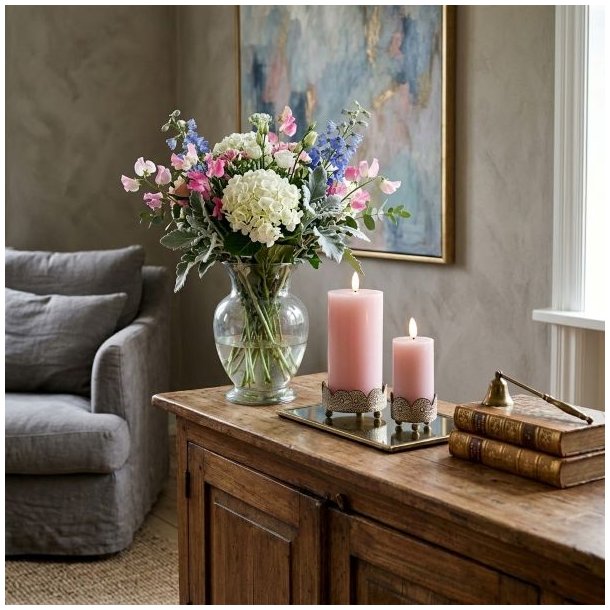 To antik guld lysestager med lyser�de bloklys placeret p� en rustik tr�sk�nk ved siden af en klar glasvase med en stor farverig blomsterbuket.