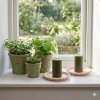 Et lyst og hyggeligt 1:1 milj�billede i en hvid vindueskarm med udsigt til en gr�n have. P� karmen st�r to runde, dekorative lysfade i antik rosa keramik med en fin, rillet kantstruktur. P� hvert lysfad er placeret et t�ndt, m�rkegr�nt LED-bloklys, som st�r flot ved siden af et s�t med tre matchende gr�nne urtepotter i keramik med forskellige gr�nne stueplanter.
