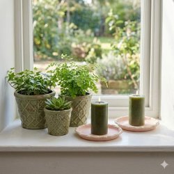 Et lyst og hyggeligt 1:1 milj�billede i en hvid vindueskarm med udsigt til en gr�n have. P� karmen st�r to runde, dekorative lysfade i antik rosa keramik med en fin, rillet kantstruktur. P� hvert lysfad er placeret et t�ndt, m�rkegr�nt LED-bloklys, som st�r flot ved siden af et s�t med tre matchende gr�nne urtepotter i keramik med forskellige gr�nne stueplanter.