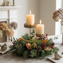 Stemningsfuldt firkantet milj�billede af de to antik guld lysholdere sat i en smuk juledekoration, hvor begge holder et t�ndt bloklys.