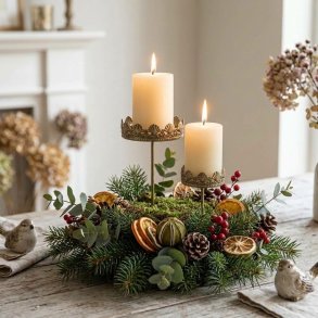 Stemningsfuldt firkantet milj�billede af de to antik guld lysholdere sat i en smuk juledekoration, hvor begge holder et t�ndt bloklys.