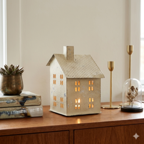 Et kvadratisk milj�billede i 1:1 format af det antique creme jern lyshus (H20 cm). Huset er t�ndt indeni og kaster et varmt sk�r gennem vinduerne, mens det st�r p� en elegant teaktr�s sk�nk. Det er stylet i et moderne, ikke-juleagtigt milj� med stablede keramikb�ger, minimalistiske messing lysestager og en lille glaskuppel. St�rrelsesforholdet p� de 20 cm i h�jden fremst�r korrekt og harmonisk i opstillingen.