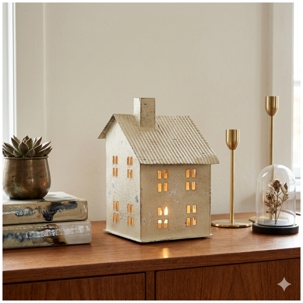 Et kvadratisk milj�billede i 1:1 format af det antique creme jern lyshus (H20 cm). Huset er t�ndt indeni og kaster et varmt sk�r gennem vinduerne, mens det st�r p� en elegant teaktr�s sk�nk. Det er stylet i et moderne, ikke-juleagtigt milj� med stablede keramikb�ger, minimalistiske messing lysestager og en lille glaskuppel. St�rrelsesforholdet p� de 20 cm i h�jden fremst�r korrekt og harmonisk i opstillingen.