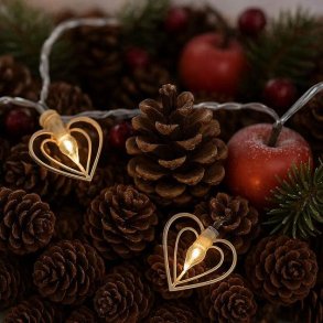 To t�ndte kobberfarvede hjerte-lyskilder fra en lysk�de, smukt placeret midt i en rustik juledekoration af brune grankogler og r�de �bler.