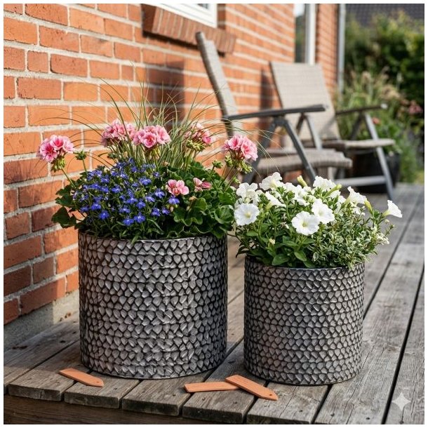 Et stemningsfuldt milj�billede i 1:1 format, der viser de to m�nstrede metalkrukker fra image_98.png og image_99.png, placeret sammen som en gruppe p� et tr�gulv p� en terrasse. Den store krukke (H26,5 cm) og den lille krukke (H23,5 cm) er beplantet med blomstrende pelargonier og petunier, samt dekorativt prydgr�s. Baggrunden viser en r�d murstensv�g og sl�ret havevegetation i sollys.