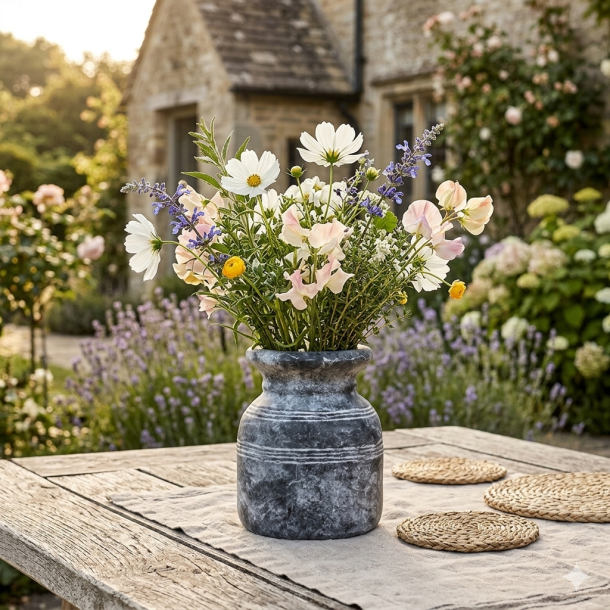 En rustik Metz krukke i m�rkegr� cement med vandrette riller st�r p� et vejrslidt havebord af tr�. Krukken er fyldt med en farverig buket af vilde sommerblomster i hvide, rosa og lilla nuancer. I den bl�dt sl�rede baggrund ses en idyllisk have med et stenhus, lavendelbuske og sollys, der skaber en varm stemning. Billedet er kvadratisk (1:1).