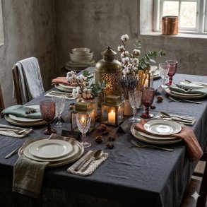 miljoe-borddaekning-m�rkegra-dug-blondekant-hoerlook Et kvadratisk (1:1) milj�billede af et opd�kket spisebord i en lys stue. Den m�rkegr� dug danner basen for en smuk opstilling med keramikstel, glas og en lille vase med blomster, der fremh�ver dugens tekstur og blondekant.