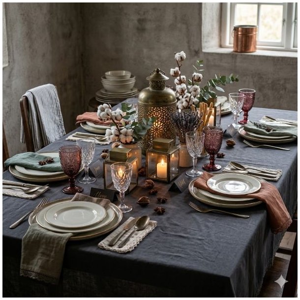 miljoe-borddaekning-m�rkegra-dug-blondekant-hoerlook Et kvadratisk (1:1) milj�billede af et opd�kket spisebord i en lys stue. Den m�rkegr� dug danner basen for en smuk opstilling med keramikstel, glas og en lille vase med blomster, der fremh�ver dugens tekstur og blondekant.