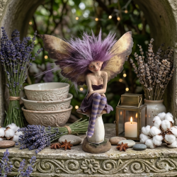 Et fortryllende, kvadratisk (1:1) milj�billede taget i en rustik tr�reol. I centrum sidder den detaljerede Fairy-figur med sit store, vilde lilla h�r, plettede natsv�rmervinger og lilla-hvidstribede ben p� en stor paddehat. Hun er omgivet af en kurateret samling af t�rret lavendel, hvide bomuldsblomster p� grene og rustikke, h�ndlavede keramiksk�le. I baggrunden glimter en lille messinglanterne med et t�ndt lys og bl�de lysk�der, der skaber en magisk og hyggelig atmosf�re.