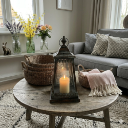 milj�billede taget i en varmt oplyst stue i skumringen. I centrum p� et rustikt sofabord af genbrugstr� st�r den lille, dekorative Iris lanterne i antik brun-gr�n metal med en h�jde p� 34 cm. Den har den karakteristiske pyramideform med fine blomsterudsk�ringer og en ring �verst. Indeni lanternen br�nder et varmt fyrfadslys, der kaster m�nstrede skygger. Lanternen st�r ved siden af en stak af tre flettede s�gr�skurve og en keramik kop. I baggrunden ses en bl�d sofa med et strikket t�ppe og dekorative puder samt de riflede glasvaser (klar og gr�n) p� en hylde, alt sammen badet i et bl�dt lys fra lysk�der og dagslys fra vinduet. Texturerne af metal, tr�, glas, flet og tekstiler er fremtr�dende.