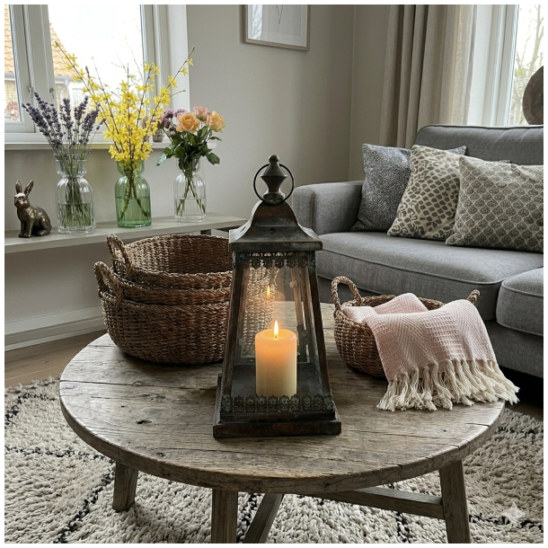 milj�billede taget i en varmt oplyst stue i skumringen. I centrum p� et rustikt sofabord af genbrugstr� st�r den lille, dekorative Iris lanterne i antik brun-gr�n metal med en h�jde p� 34 cm. Den har den karakteristiske pyramideform med fine blomsterudsk�ringer og en ring �verst. Indeni lanternen br�nder et varmt fyrfadslys, der kaster m�nstrede skygger. Lanternen st�r ved siden af en stak af tre flettede s�gr�skurve og en keramik kop. I baggrunden ses en bl�d sofa med et strikket t�ppe og dekorative puder samt de riflede glasvaser (klar og gr�n) p� en hylde, alt sammen badet i et bl�dt lys fra lysk�der og dagslys fra vinduet. Texturerne af metal, tr�, glas, flet og tekstiler er fremtr�dende.