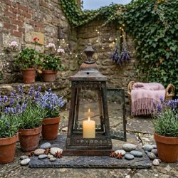 milj�billede taget udend�rs i en hyggelig g�rdhave i skumringen. I centrum p� en samling af glatte flagsten og flodsten st�r den dekorative Iris lanterne i antik brun-gr�n metal med en h�jde p� 34 cm. Den har den karakteristiske pyramideform med fine blomsterudsk�ringer og en ring �verst. Indeni lanternen br�nder et varmt bloklys, der kaster m�nstrede skygger. Lanternen er omgivet af fire terracotta krukker med frodig lavendel. I baggrunden ses en rustik mur d�kket af efeu, lysk�der og et flettet kurves�t med det lyser�de, frynsede t�ppe, alt sammen badet i et bl�dt, magisk lys. Texturerne af metal, tr�, glas, flet og tekstiler er fremtr�dende.