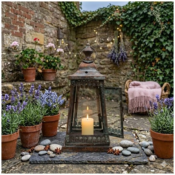 milj�billede taget udend�rs i en hyggelig g�rdhave i skumringen. I centrum p� en samling af glatte flagsten og flodsten st�r den dekorative Iris lanterne i antik brun-gr�n metal med en h�jde p� 34 cm. Den har den karakteristiske pyramideform med fine blomsterudsk�ringer og en ring �verst. Indeni lanternen br�nder et varmt bloklys, der kaster m�nstrede skygger. Lanternen er omgivet af fire terracotta krukker med frodig lavendel. I baggrunden ses en rustik mur d�kket af efeu, lysk�der og et flettet kurves�t med det lyser�de, frynsede t�ppe, alt sammen badet i et bl�dt, magisk lys. Texturerne af metal, tr�, glas, flet og tekstiler er fremtr�dende.