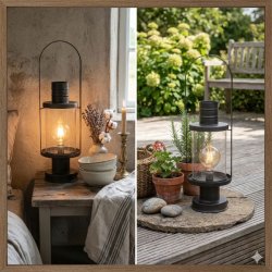 Et kvadratisk (1:1) splittet milj�billede, der viser den franske staldlanterne i antique kul-finish. Venstre panel viser lanternen t�ndt indend�rs p� et rustikt natbord i en bj�lkehytte. Den skinner varmt og er placeret ved siden af en vase med t�rret lavendel og bomuld samt en messing lysestage. H�jre panel viser lanternen t�ndt udend�rs p� en patineret flagstenterrasse. Den st�r ved siden af terracotta krukker med rosmarin og geranium og flettede kurve, alt sammen i et lyst dagslys og en sl�ret have med hydrangeas i baggrunden. Begge lanterne-detaljer fra image_139.png, herunder Edison-stilen LED-p�re, er tydelige.