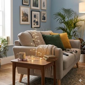 En moderne julekegle i s�lvmetal med indbyggede LED-lys st�r t�ndt p� et lille sidebord af m�rkt tr� i en hyggelig stue. I baggrunden ses en gr� sofa med dekorative puder i gr�nne og gule nuancer, en varm plaid og en stor gr�n stueplante, der skaber en stemningsfuld atmosf�re.