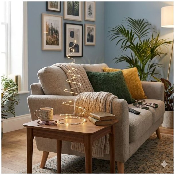 En moderne julekegle i s�lvmetal med indbyggede LED-lys st�r t�ndt p� et lille sidebord af m�rkt tr� i en hyggelig stue. I baggrunden ses en gr� sofa med dekorative puder i gr�nne og gule nuancer, en varm plaid og en stor gr�n stueplante, der skaber en stemningsfuld atmosf�re.