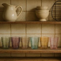 N�rbillede af seks forskellige farvede og m�nstrede glas linede op p� en k�kkenhylde med rustikke fliser og keramik.