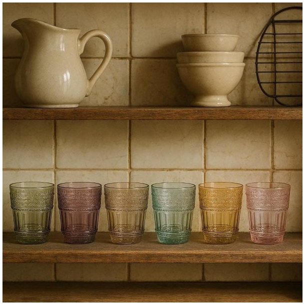 N�rbillede af seks forskellige farvede og m�nstrede glas linede op p� en k�kkenhylde med rustikke fliser og keramik.