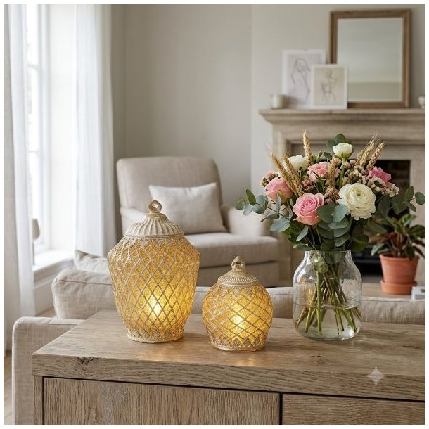 To dekorative, m�nstrede lanterner i en varm guld- og sandfarvet nuance med t�ndt lys indeni, placeret p� en tr�sk�nk i en hyggelig stue ved siden af en glasvase med en flot blomsterbuket.