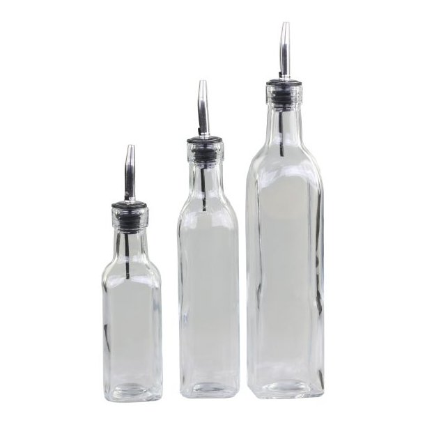 S�t med 3 olieflasker i klart glas med sk�nkeprop i rustfrit st�l og silikone fritlagt