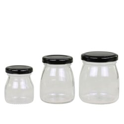 fritlagr billlede. S�t med 3 opbevaringsglas i klart glas med sorte l�g i forskellige st�rrelser.