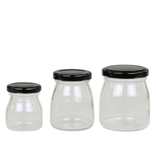 fritlagr billlede. S�t med 3 opbevaringsglas i klart glas med sorte l�g i forskellige st�rrelser.