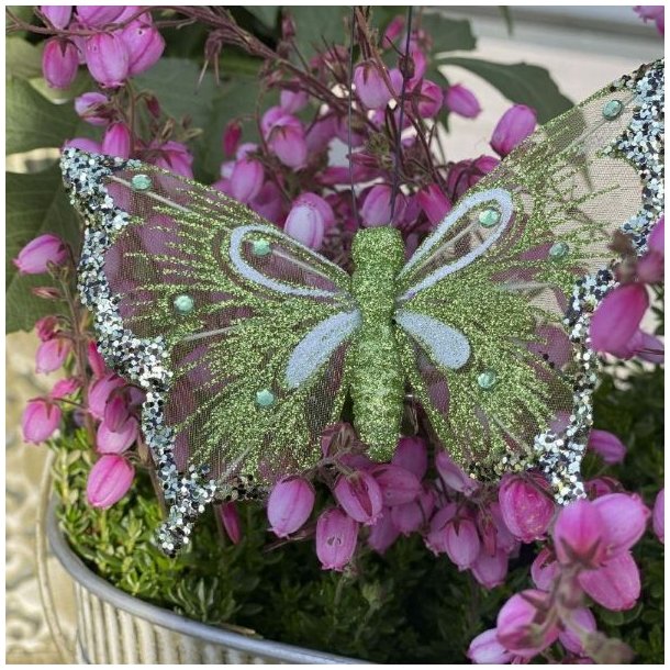 Gr�n organza sommerfugl med clips, hvide aftegninger og similisten sat p� en potteplante med sm� lyser�de blomster.