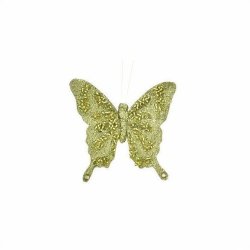 Gr�n dekorationssommerfugl i dobbelt organza-stof med similisten og glimmer, fritlagt p� hvid baggrund.