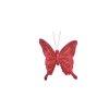 R�d dekorationssommerfugl i dobbelt organza-stof med r�de similisten og glimmer, fritlagt p� hvid baggrund.