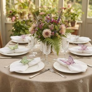 Et flot d�kket festbord i et lyst lokale med en stor blomsterbuket, krystalglas og hvide tallerkener, hvor organza sommerfugle i champangne, gr�n og rosa med glimmer bruges som elegant servietpynt.