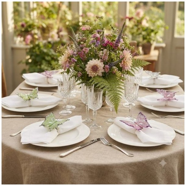 Et flot d�kket festbord i et lyst lokale med en stor blomsterbuket, krystalglas og hvide tallerkener, hvor organza sommerfugle i champangne, gr�n og rosa med glimmer bruges som elegant servietpynt.