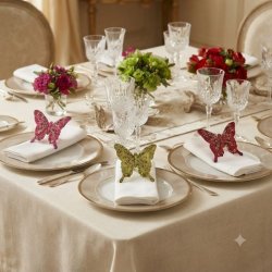 Elegant festbord med krystalglas, blomster og tallerkener, hvor tre organza sommerfugle i fuchsia, gr�n og r�d med glimmer er brugt som flot servietpynt p� hvide stofservietter.