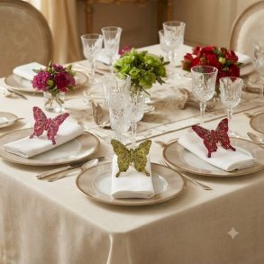Elegant festbord med krystalglas, blomster og tallerkener, hvor tre organza sommerfugle i fuchsia, gr�n og r�d med glimmer er brugt som flot servietpynt p� hvide stofservietter.