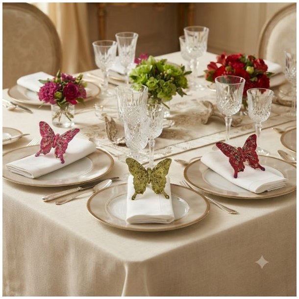 Elegant festbord med krystalglas, blomster og tallerkener, hvor tre organza sommerfugle i fuchsia, gr�n og r�d med glimmer er brugt som flot servietpynt p� hvide stofservietter.