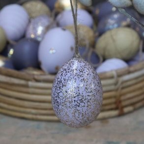 P�ske�g i lavendel med guldprikker og glimmer p� 7 cm med snor i jute.