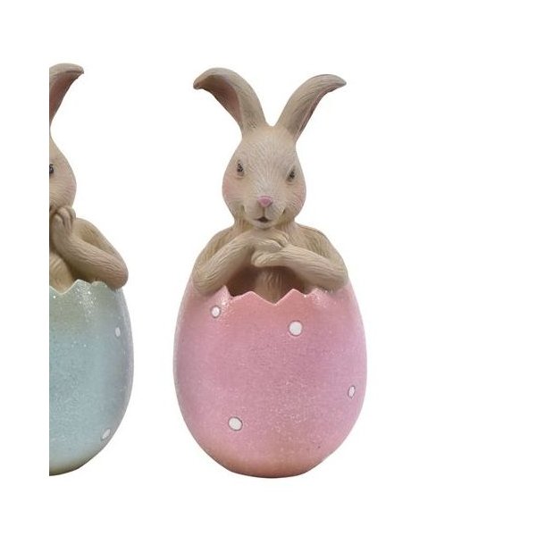 Fritlagt figur af en p�skehare i en lyser�d og hvidprikket �ggeskal p� hvid baggrund.